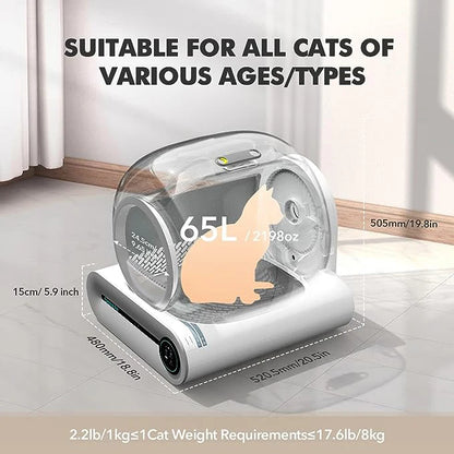 Smart Automatic Cat Toilet 65L Large Capacity Self-Cleaning Cat Litter Box APP Controlled with Tofu Bentonite Clay Material