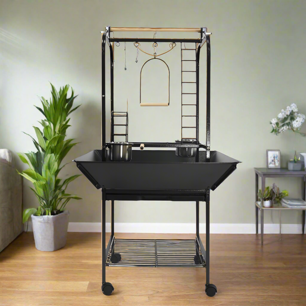 Parrot Play Stand With Ladders & Toy Hooks - Black 26"x25"x56"