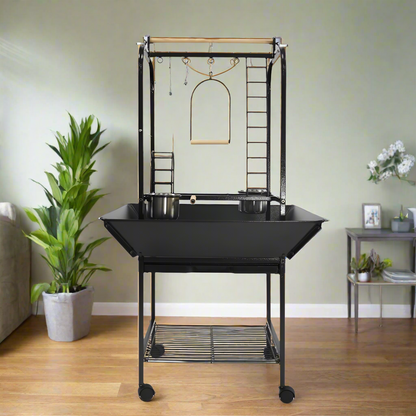 Parrot Play Stand With Ladders & Toy Hooks - Black 26"x25"x56"