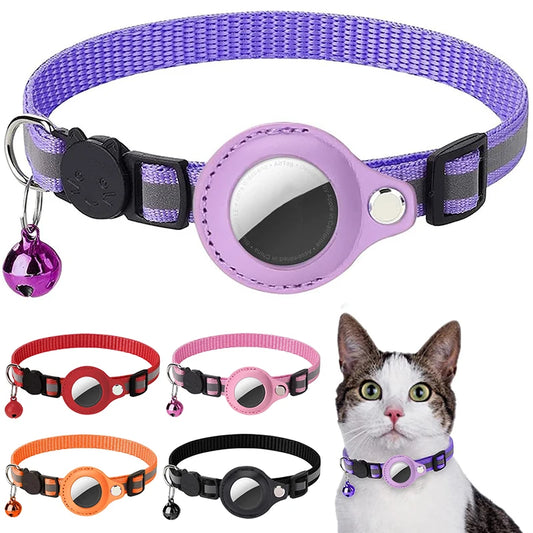 Dog Collar with Leather AirTag Holder, Soft Reflective Pet Tracker Collar with Bell, Adjustable GPS Anti-Lost Collars for Puppy